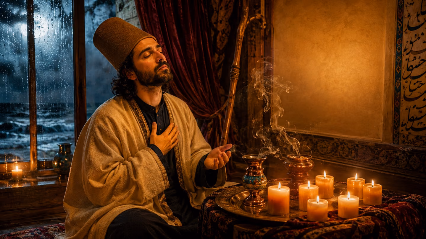 Intimate medium close-up: the same Iranian Sufi seeker, cream wool khirqa, indigo tunic, dervish cap, kneels beside a low Persian sofreh lit by seven amber candles, his face illuminated like sugar in warm golden glow,…