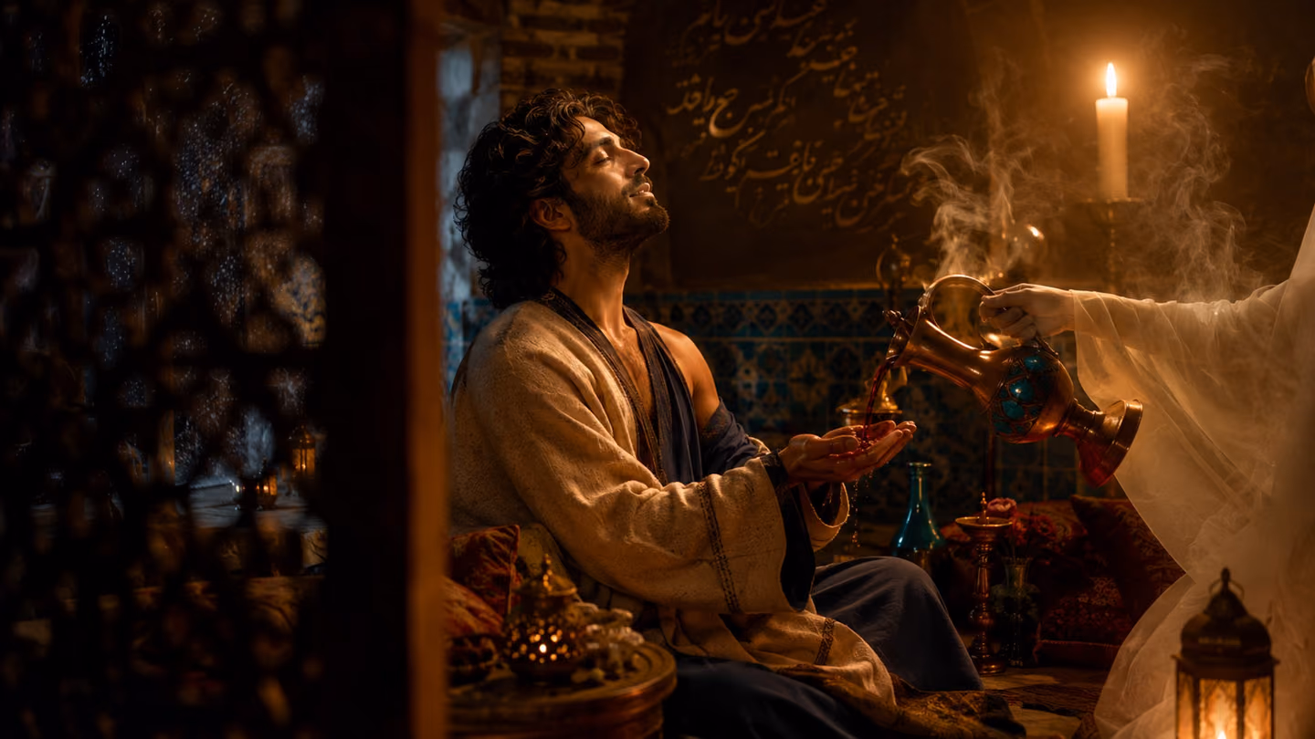 Over-the-shoulder shot from behind a carved wooden screen: the same Iranian Sufi seeker, cream wool khirqa slipping from one shoulder, indigo tunic visible, sits in a dim intimate Persian cellar-tavern illuminated by…