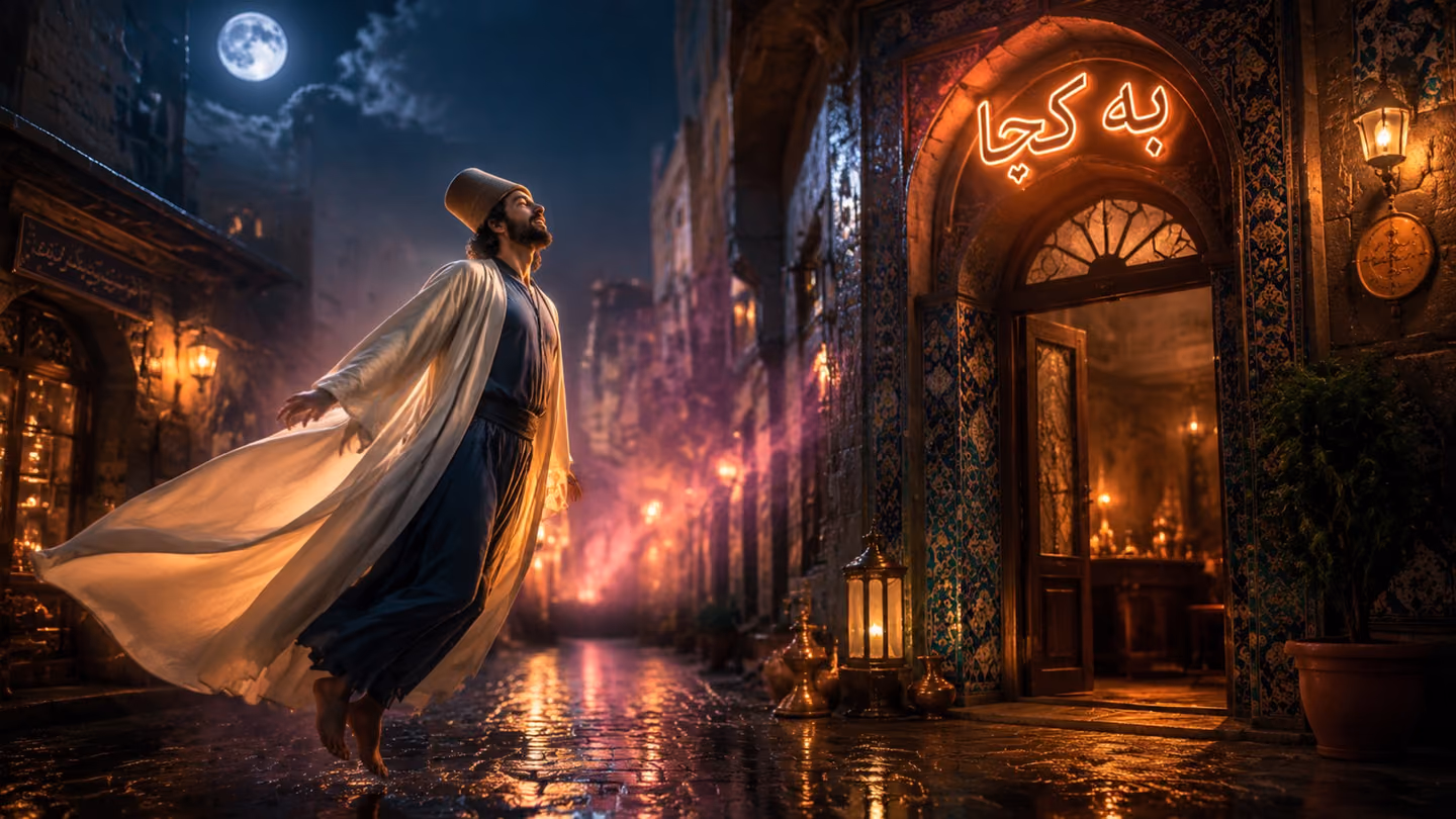 Tracking medium shot from a low angle: the same Iranian Sufi seeker, cream wool khirqa billowing, indigo tunic, dervish cap, bare feet, is gently carried forward through a moonlit Tehran alley as if by invisible wings…