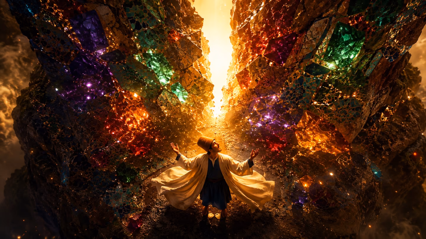 Bold overhead top-down shot: the same Iranian Sufi seeker, cream wool khirqa spread wide, indigo tunic, dervish cap, bare feet, stands at the base of Mount Tor as it splits open before him in a dazzling blaze of emera…