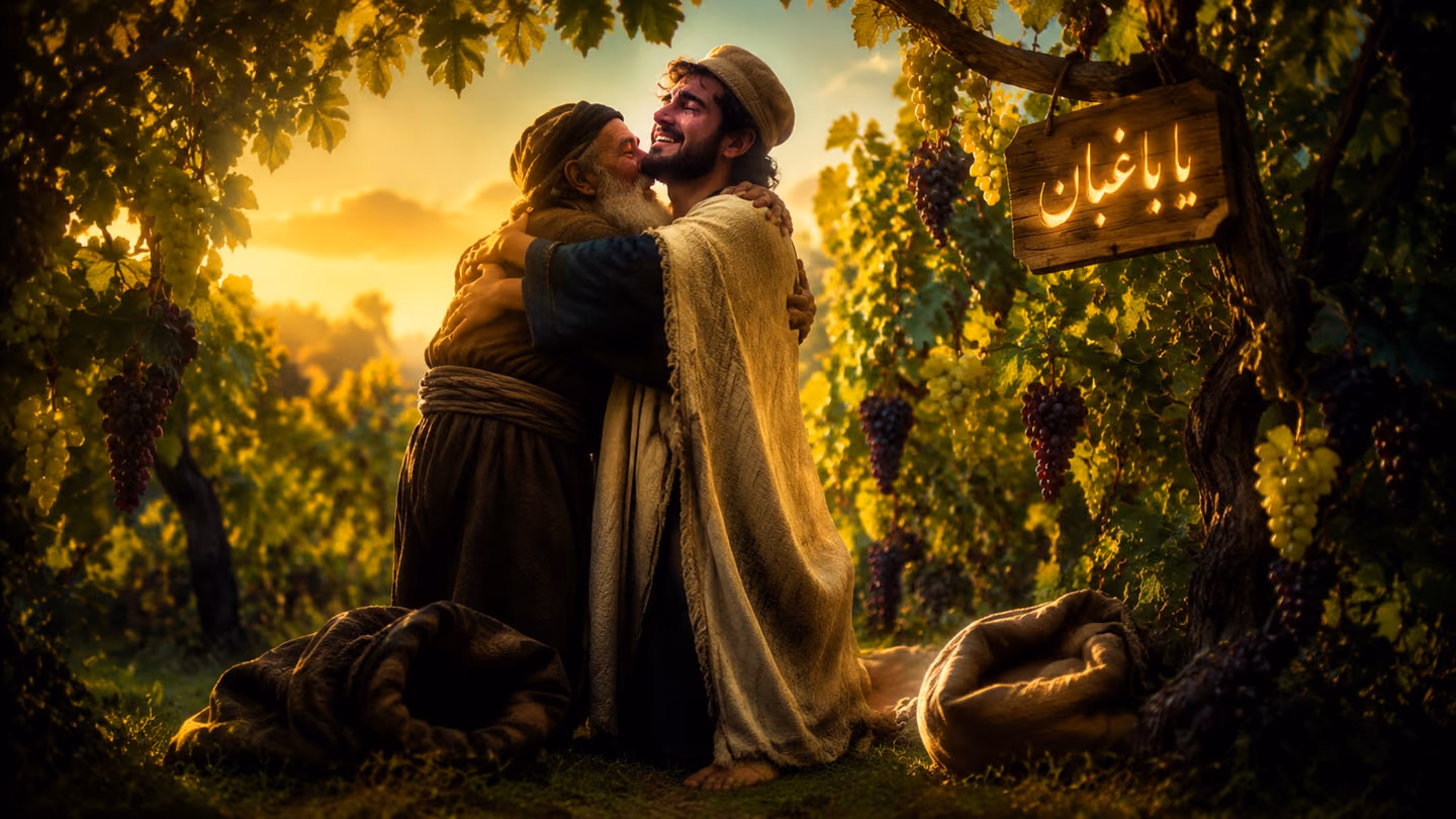 Low-angle medium shot: the same Iranian Sufi seeker, cream wool khirqa, indigo tunic, dervish cap, bare feet, stands in a lush green vineyard at golden-hour as a tender elderly Gardener with a kind weathered Persian f…