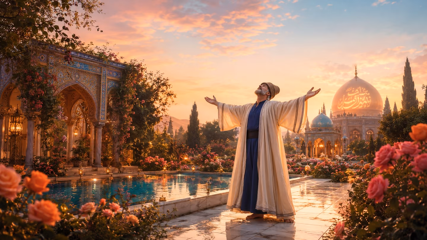 Sweeping wide shot from a gentle low angle: the same Iranian Sufi seeker, cream wool khirqa now radiant with morning light, indigo tunic, dervish cap, bare feet on dewy grass, stands with arms wide open in a luminous…