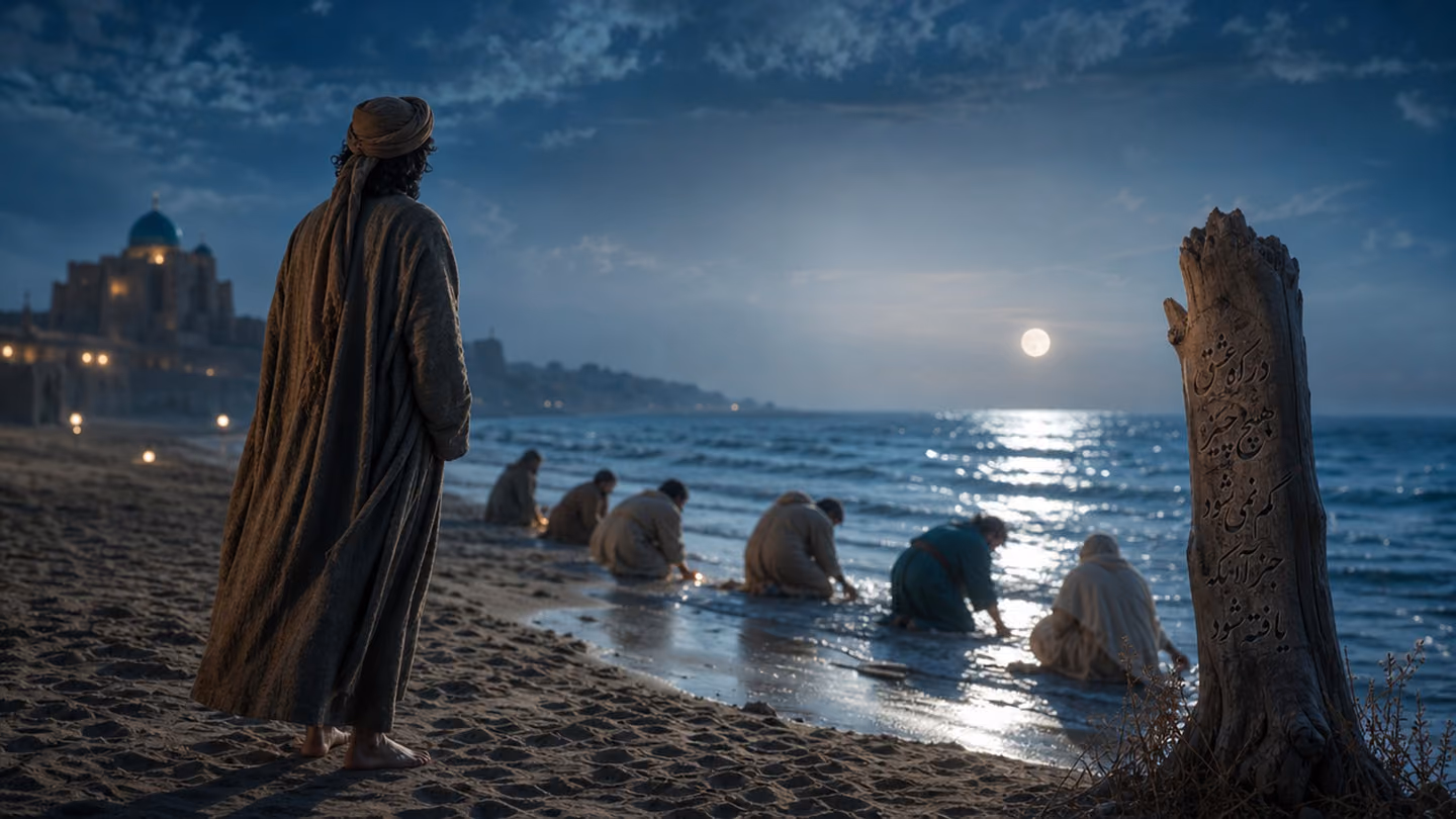 Sweeping wide shot of the protagonist — same Persian Sufi seeker in earth-toned wool khirqa, bare feet — walking along a silver-moonlit Caspian shoreline at blue-dawn, watching a handful of gentle figures sifting thro…