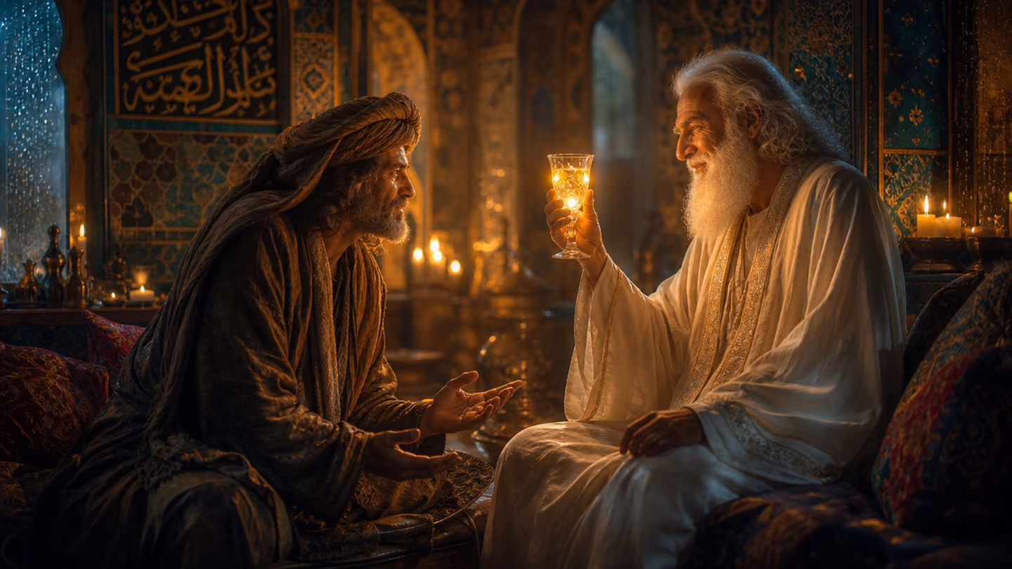 Medium three-quarter shot of the protagonist — same weathered Sufi in earth-toned khirqa — seated on a velvet cushion inside a candlelit tavern of Persian arches, leaning forward with open, vulnerable hands toward a s…