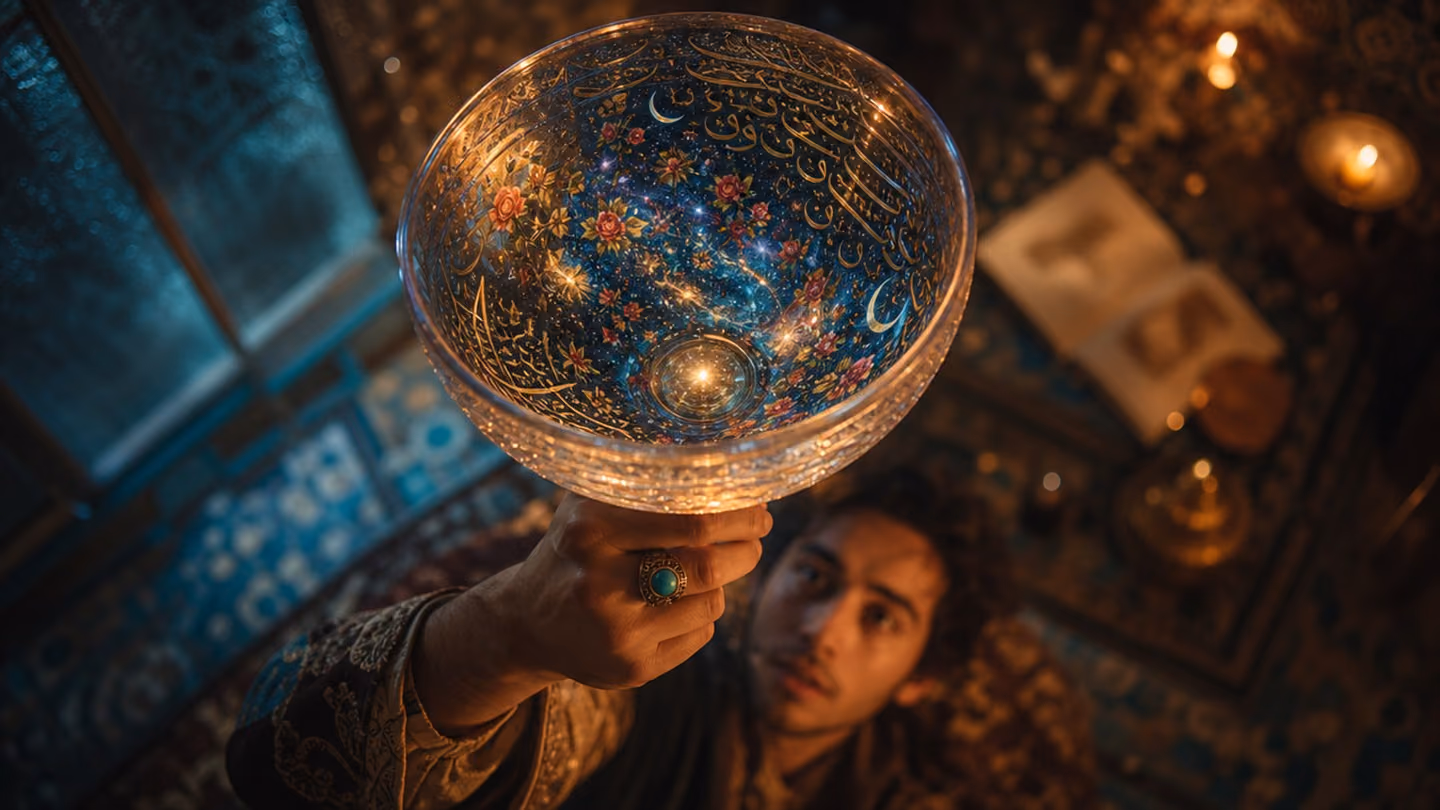 Overhead top-down shot of the Jam-e Jam — a translucent crystal goblet engraved with swirling Persian calligraphy — held up by the protagonist's right hand (same turquoise ring visible), the curved surface reflecting…
