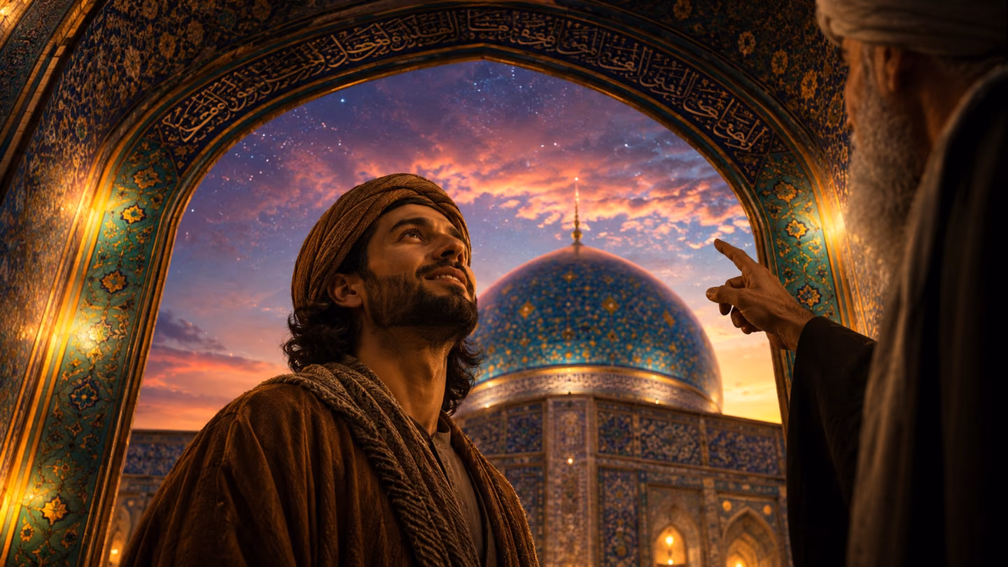 Low-angle shot looking up through a Persian archway of turquoise tilework as the protagonist — same Sufi in earth-toned khirqa — stands gazing upward with wonder and a soft smile, the elder's hand pointing toward a sh…