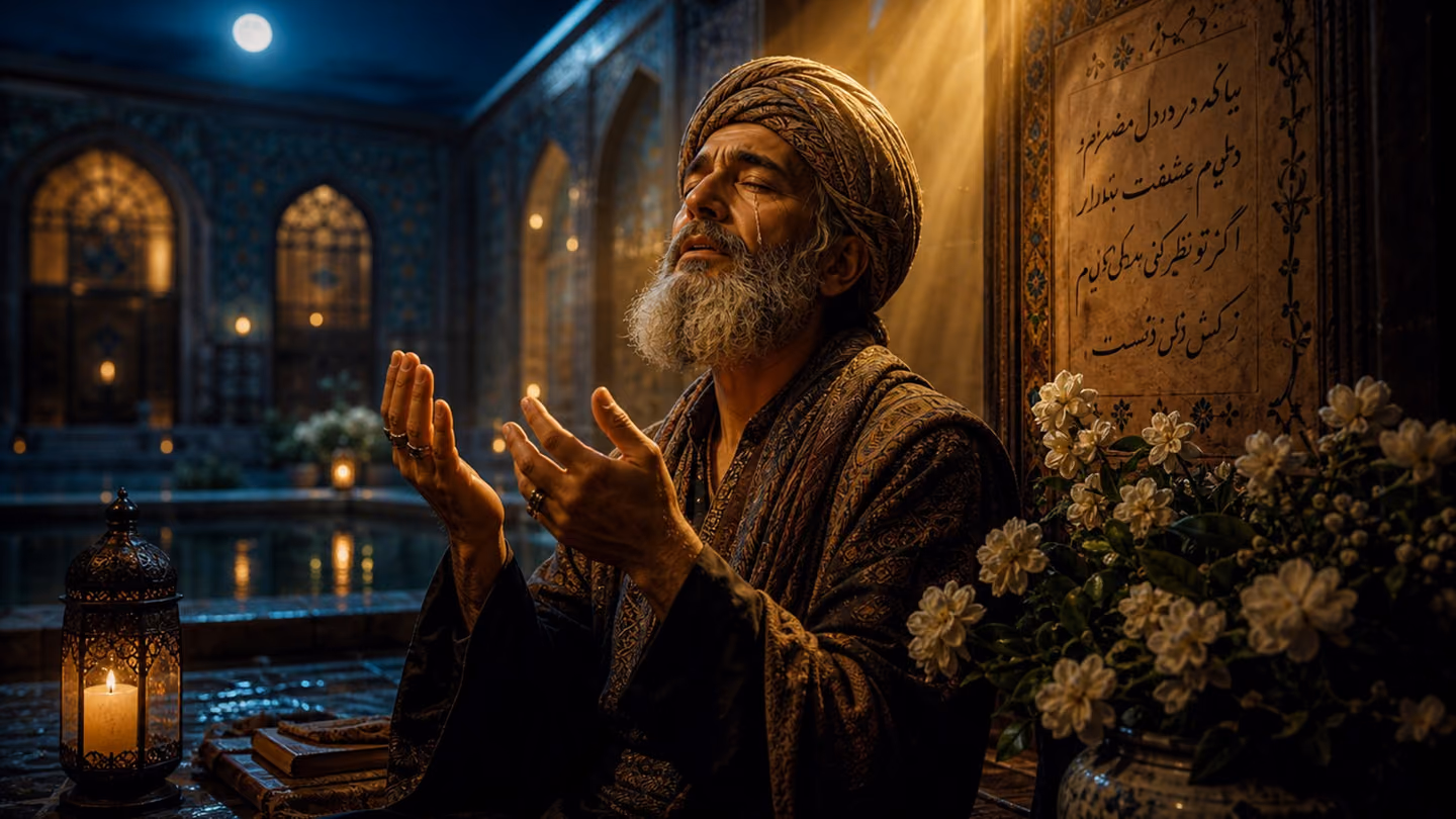Medium close-up of the protagonist — same weathered Sufi, eyes closed in quiet devotion — seated in a moonlit Persian courtyard with a reflecting pool, a gentle shaft of warm golden light falling beside him like a bel…