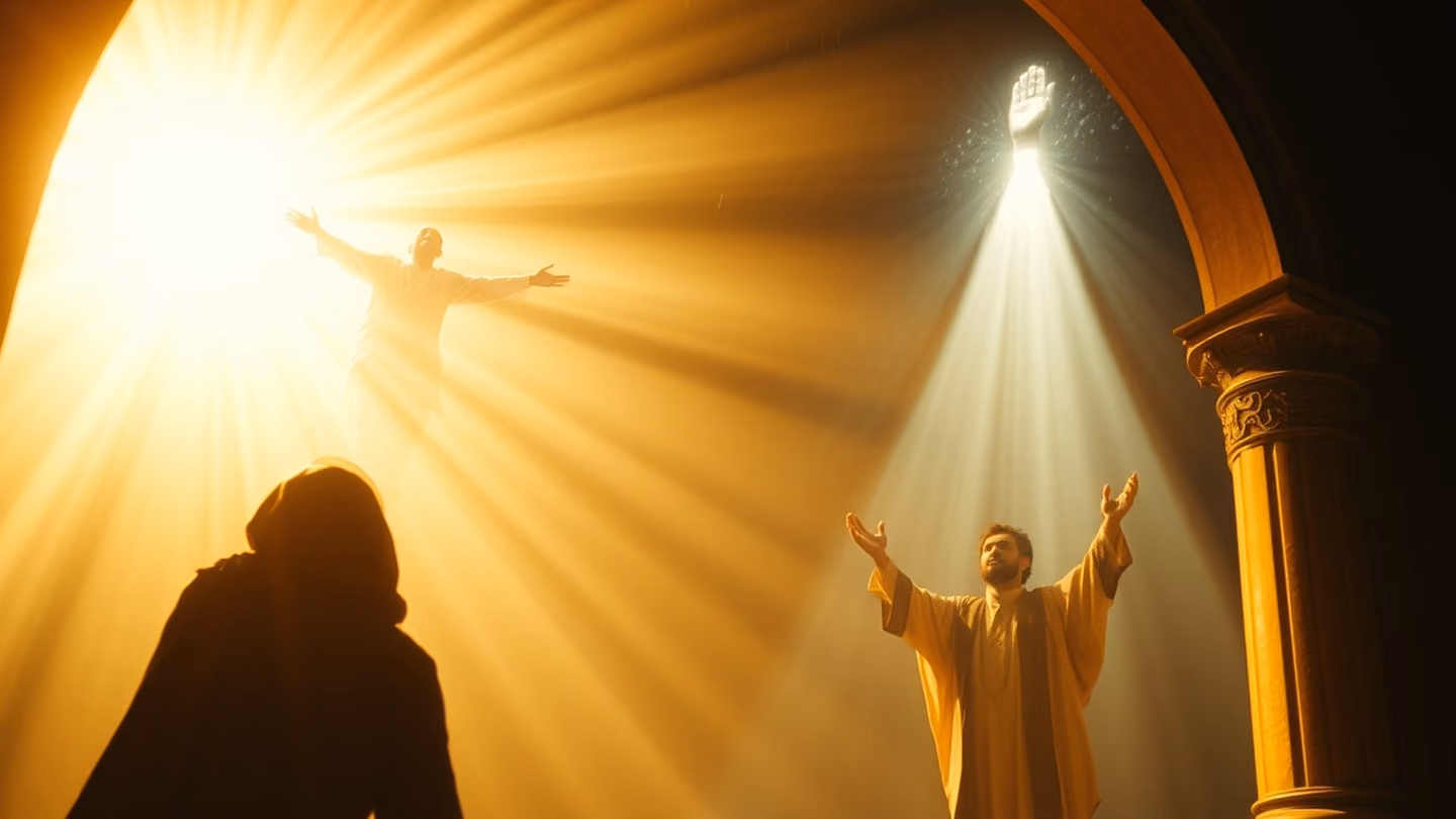 Bold dramatic wide shot of a luminous figure suspended in a shower of white light — arms spread wide in serene surrender, his face hidden in radiant glory, a blazing rod of golden fire and a hand shining white as snow…