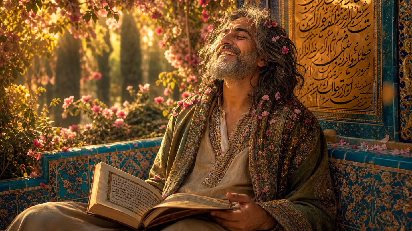 Intimate close-up of the protagonist — same weathered Sufi seeker — now seated in a sun-drenched Persian garden in full bloom, salt-and-pepper hair loose in a warm breeze, a luminous smile breaking through tears of jo…