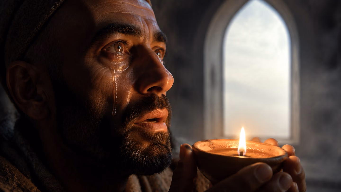 Extreme close-up — the same lean weathered dervish (deep Persian features, close-cropped beard, undyed wool khirqa) in profile, tears streaming freely down both cheeks like two rivers in full flood, the small clay chi…