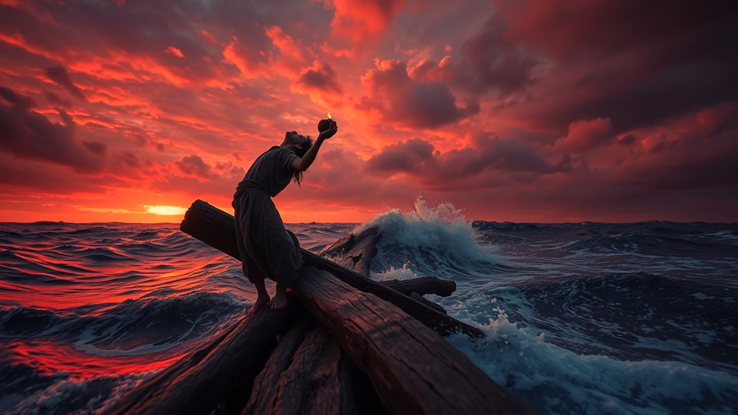 Low-angle shot from the heaving sea surface — a wooden ship tears apart plank by plank in a vast crimson-and-silver sea at dusk, enormous waves crashing against the hull; the dervish (lean, Persian features, wet wool…