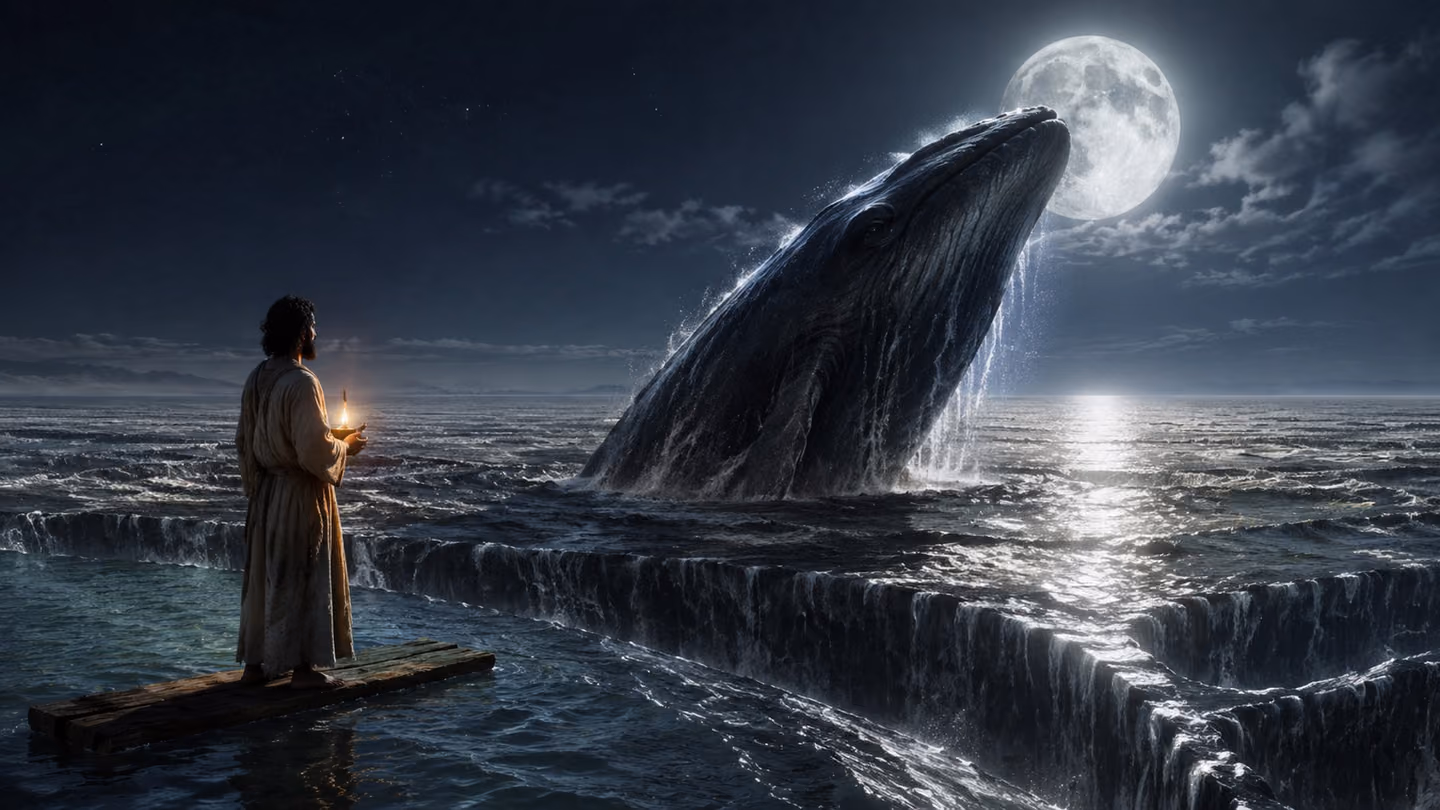 Dramatic wide shot at night — on the surface of an impossibly vast, moonlit Persian sea, the dervish (lean, dark-bearded, in salt-crusted undyed khirqa, bare feet on a single floating timber plank, clay chirāgh cradle…