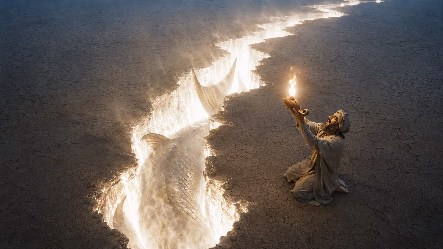 A vertiginous overhead shot — the vast dry hāmoun plain splits open in a blinding crack of white light, the fissure zigzagging across cracked earth like lightning; the leviathan is half-swallowed by the split earth, d…