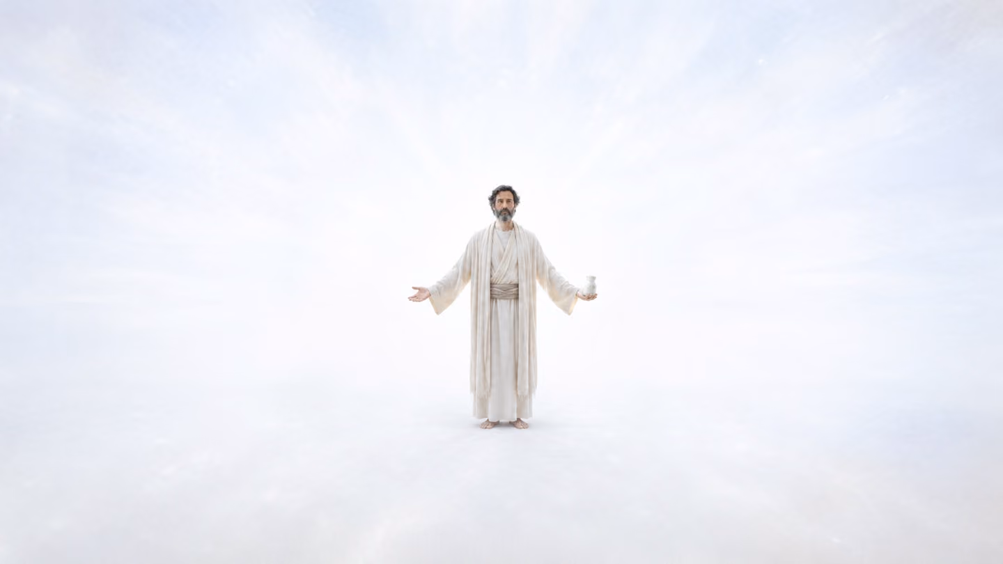 A wide ethereal shot — infinite space, neither ocean nor plain, only soft white radiance in every direction, the horizon dissolved; the dervish (lean, 40, Persian features, grey-touched beard, undyed wool khirqa, bare…