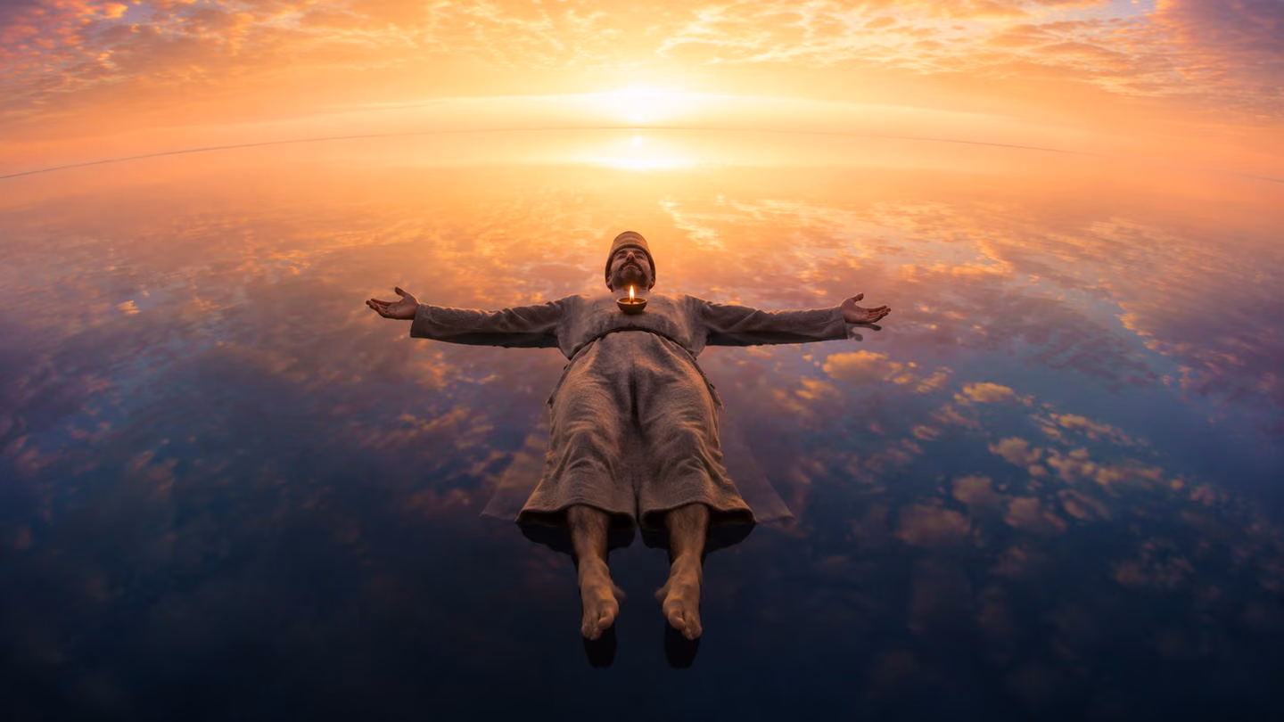 The dervish (lean, weathered Persian face, close-cropped beard, undyed wool khirqa now dry and still, bare feet) floats face-up on the surface of a perfectly calm dawn sea, arms gently open, eyes wide and luminous, lo…