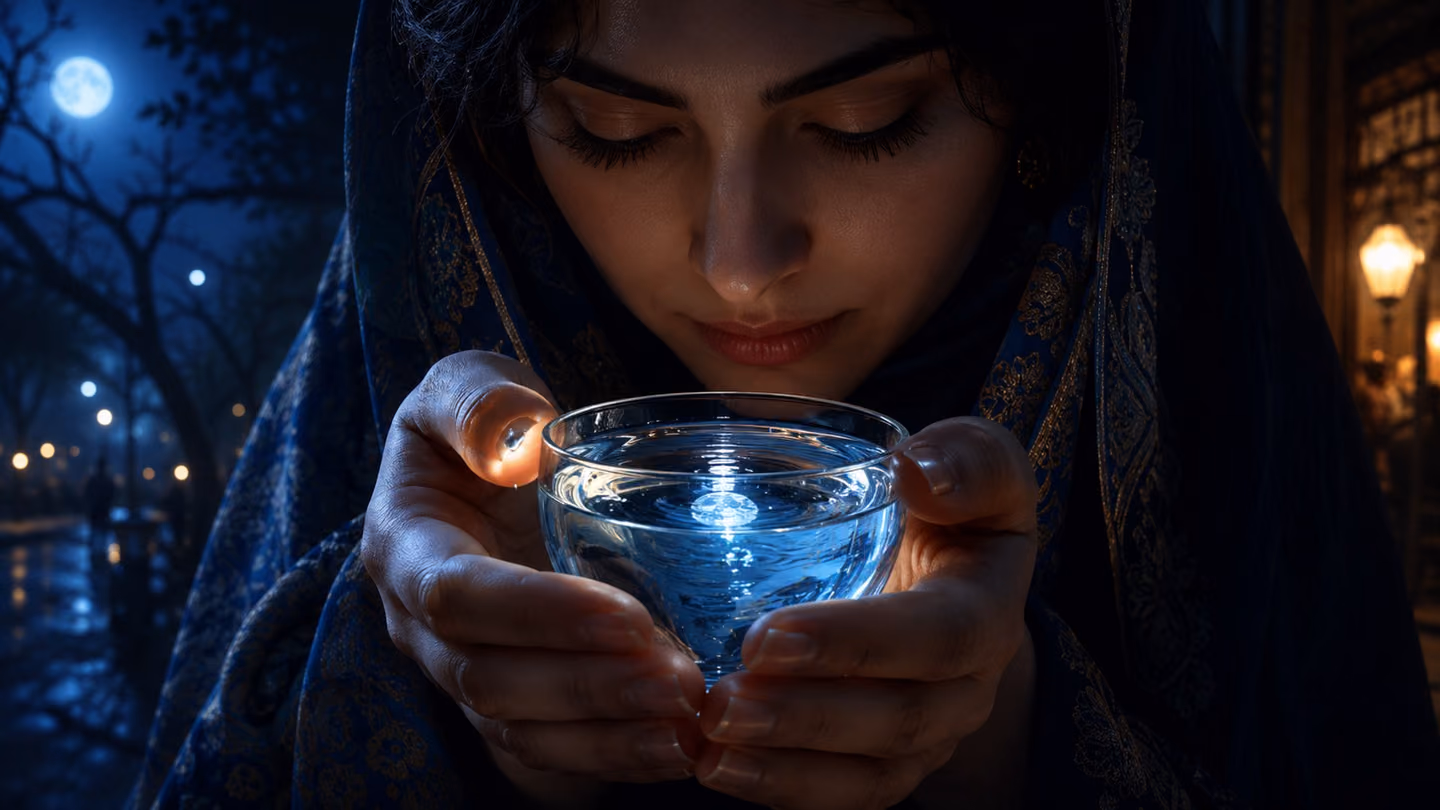 Extreme close-up of a young Iranian woman's cupped hands holding a small glass of perfectly clear water at chest height — the deep-blue moonlit darkness surrounds her like velvet, and the water catches the full moon's…