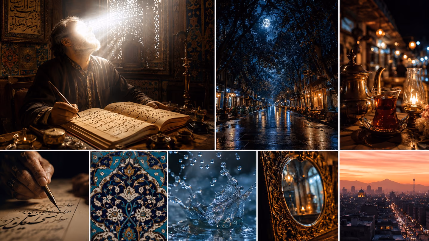 A middle-aged Iranian calligrapher leans over a large open book of Persian verse on a low walnut desk — his face tilts upward into a shaft of blazing white-silver radiance pouring through a high latticed window, the l…