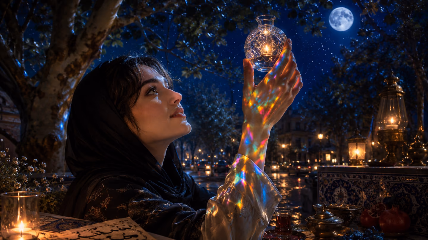 A young Iranian woman's slender fingers lift the same small luminous glass vessel — now catching candlelight and moonlight simultaneously — up against the deep cobalt-blue night sky framed by Valiasr plane-tree branch…