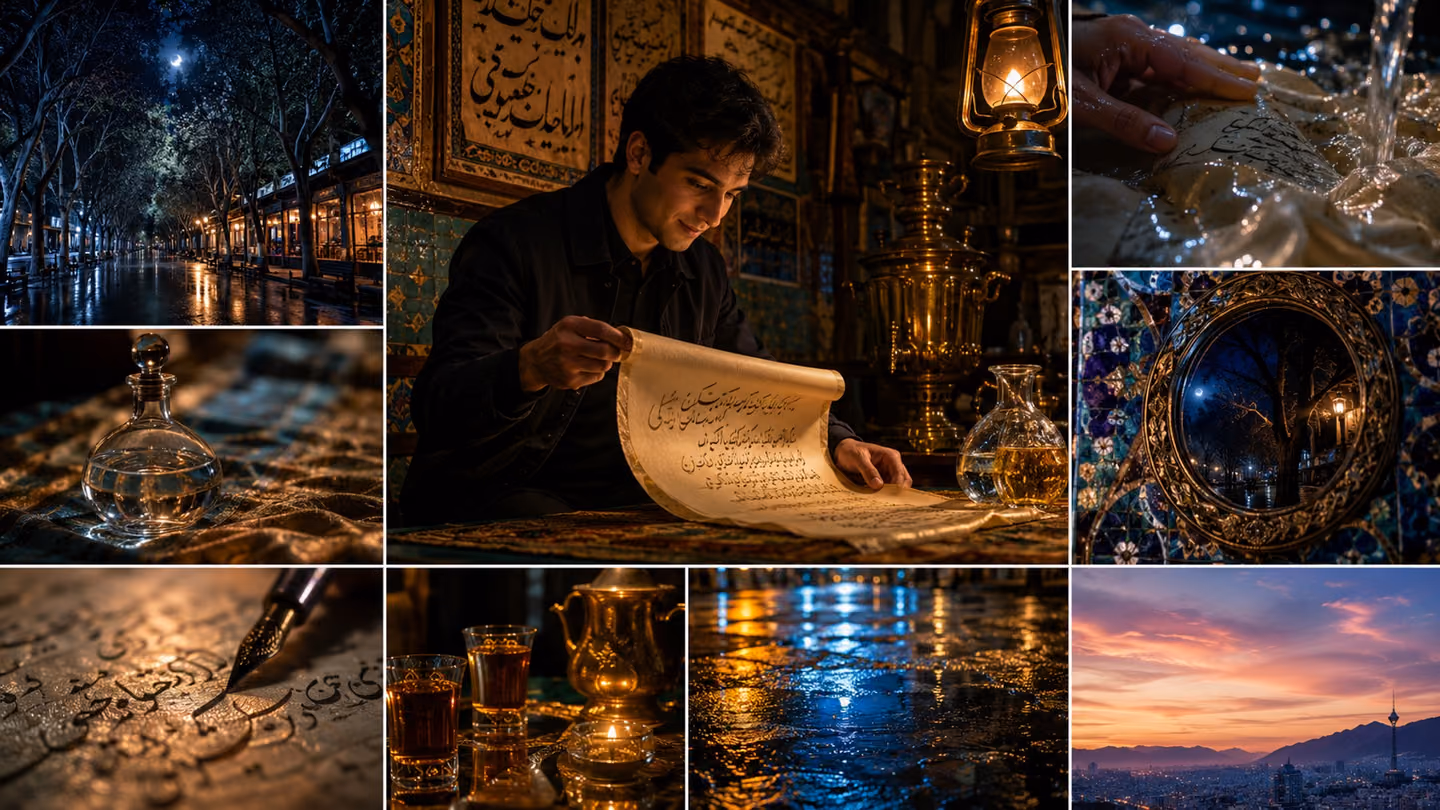 Inside a narrow Tehran tea-house on Valiasr — antique brass samovar gleaming amber in the far corner, Farsi calligraphy posters lining the tiled walls — a young Iranian man in a dark jacket sits at a low table and unr…