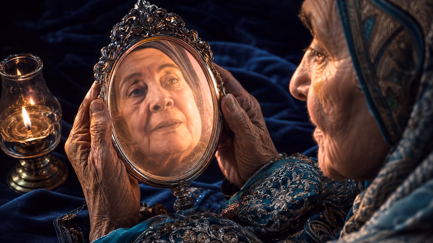 Macro close-up of an elderly Iranian woman's face and hands — she holds a small ornate silver-framed Persian mirror, its surface catching a wash of soft pre-dawn rose-gold light that suffuses the frame; her own reflec…