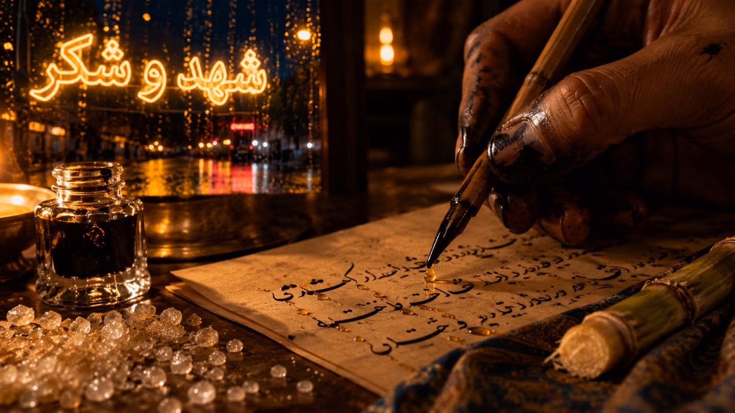 Extreme close-up of an ink-stained Iranian hand trailing a reed pen across a large page of Persian poetry — from the freshly written Farsi letters, tiny droplets of honey-gold liquid appear to bead and fall, catching…