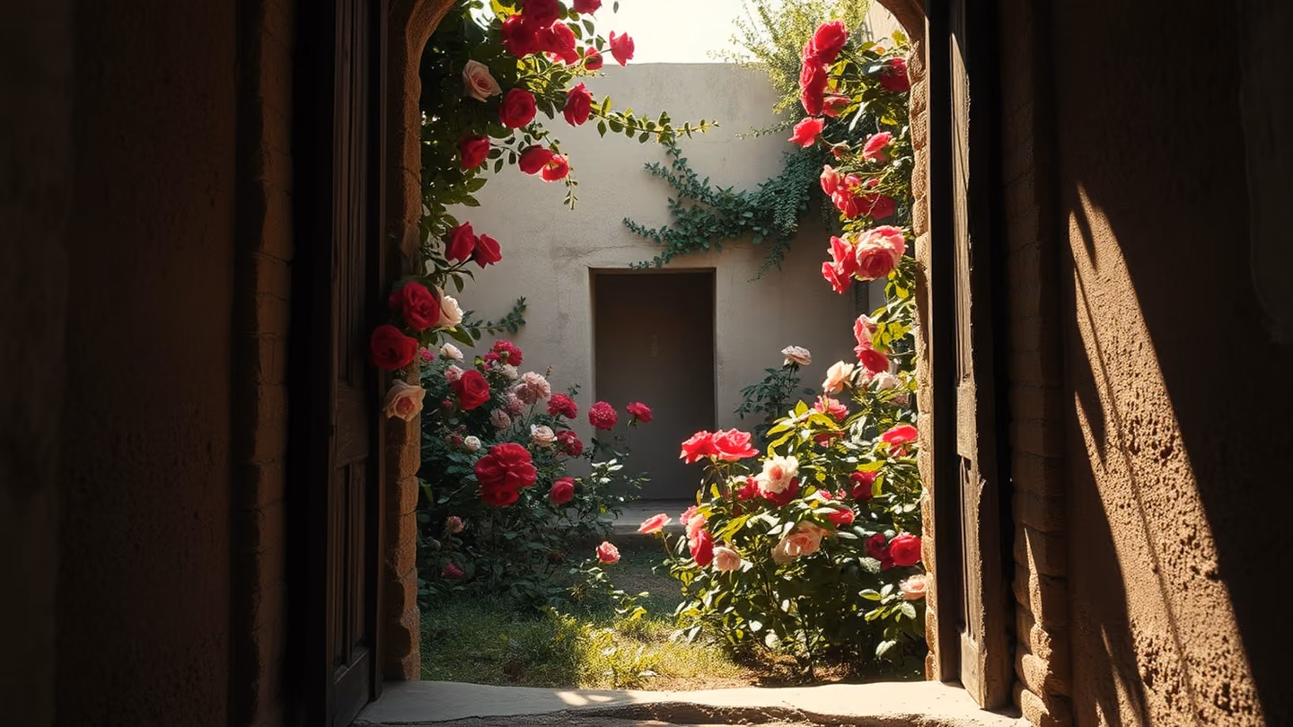 A humble mud-brick doorway that once framed only darkness now opens onto a courtyard bursting into a rose garden in fresh morning light — crimson and white roses climbing the old plaster walls where grief once lived,…