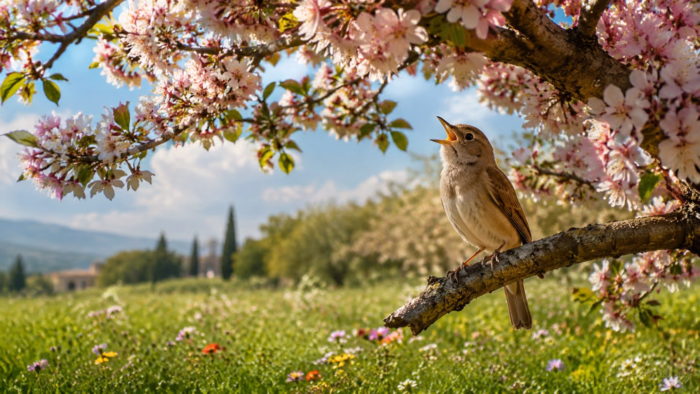Full bright spring daylight in a Persian meadow: a nightingale with its throat swelling in song, perched beneath an arching canopy of blossom that spreads over it like a parasol, the green field below spangled with wi…