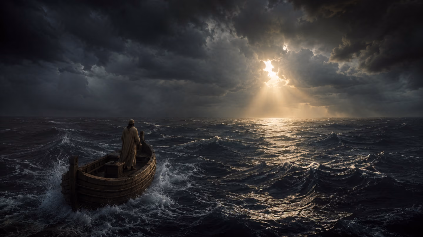 A tiny wooden ark rides a vast black storm-sea under breaking dawn clouds; a lone robed figure stands steady at the helm as a single dramatic shaft of pale gold light splits the thunderheads ahead and lays a shining p…