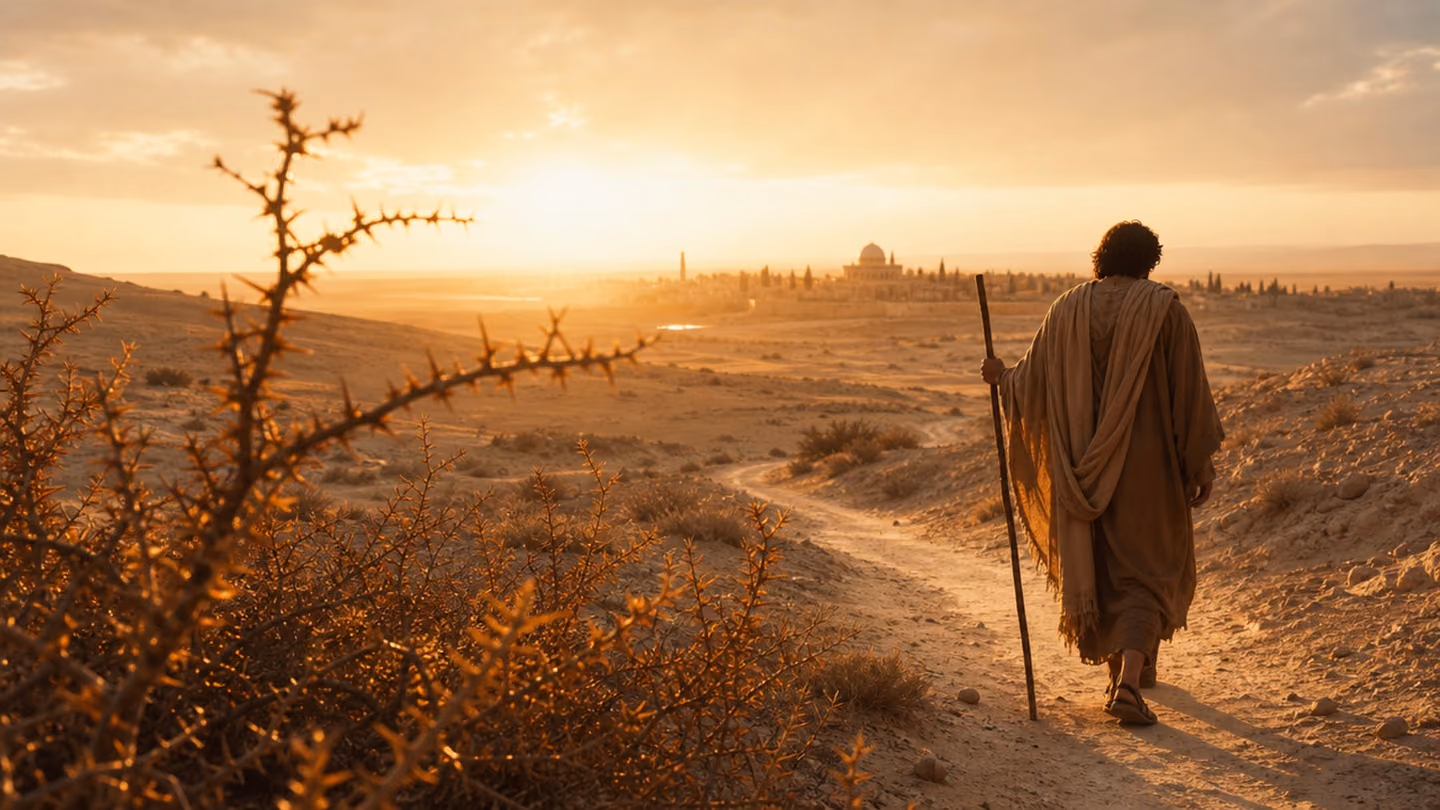 Golden-hour desert: a lone pilgrim in simple travelling robes walks a pale sand track toward a distant luminous horizon, staff in hand and worn sandals on his feet.