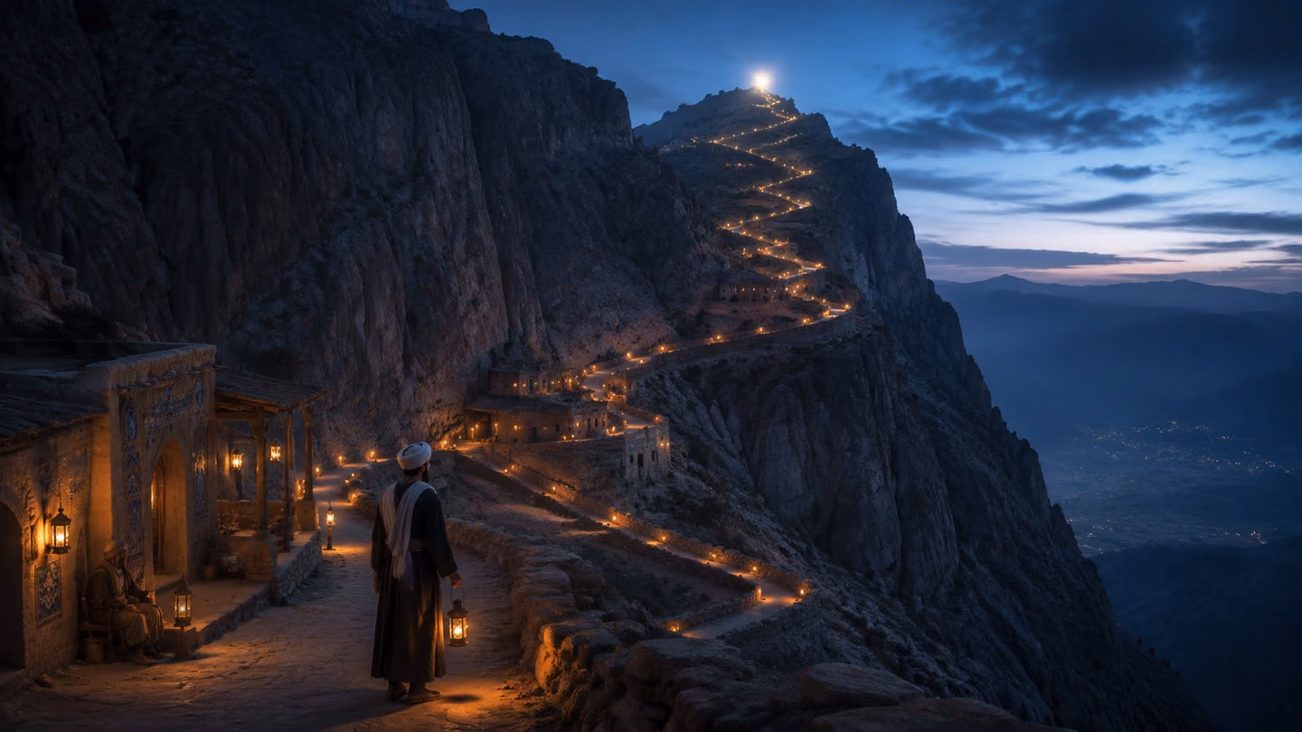 Blue-hour mountain pass in the Zagros: a narrow stone road winds upward through steep dark rock, rendered as a luminous pale ribbon climbing toward a single radiant point of light far above where the sky still glows.