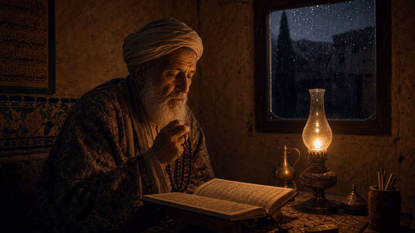 Intimate candlelit interior, deep night: the poet in the corner of a bare simple room, an old man with a serene deeply-lined face lit warm by a single brass oil-lamp, an open hand-inked Quran and a string of prayer-be…
