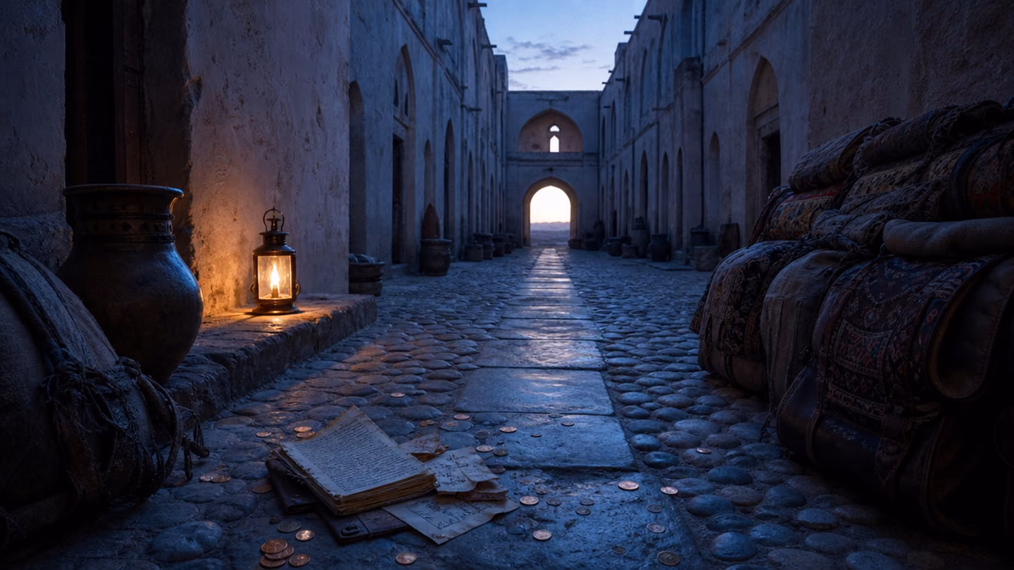The narrow arched lane of a Khorasani caravanserai at the precise moment before blue-hour dawn — looking down from a high vantage along the river-stone floor, scattered copper coins and a torn merchant's ledger catchi…