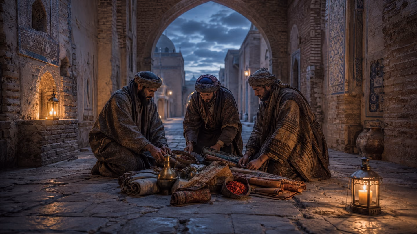 Three travelers in rough-woven Khorasani wool cloaks arrive at the lane's midpoint and empty their saddle-bags onto the worn central paving-stone — bolts of rough cloth, a brass water-vessel, a small satchel of saffro…