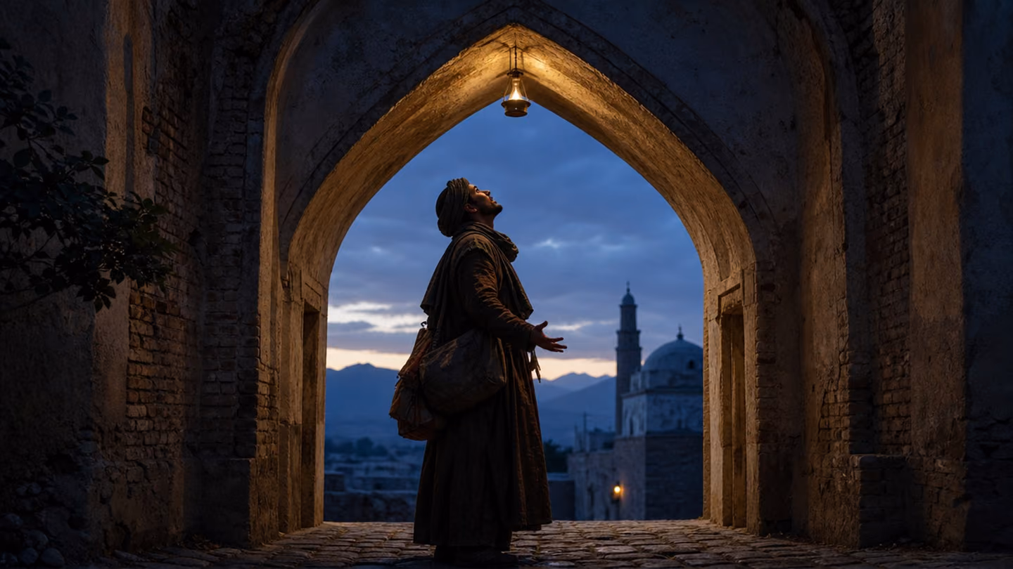 A lone traveler halts at the threshold arch of the lane — shot from below looking up at his silhouette framed in the pointed brick arch, mouth open in a silent cry, the claim of love having stolen his tongue, a small…