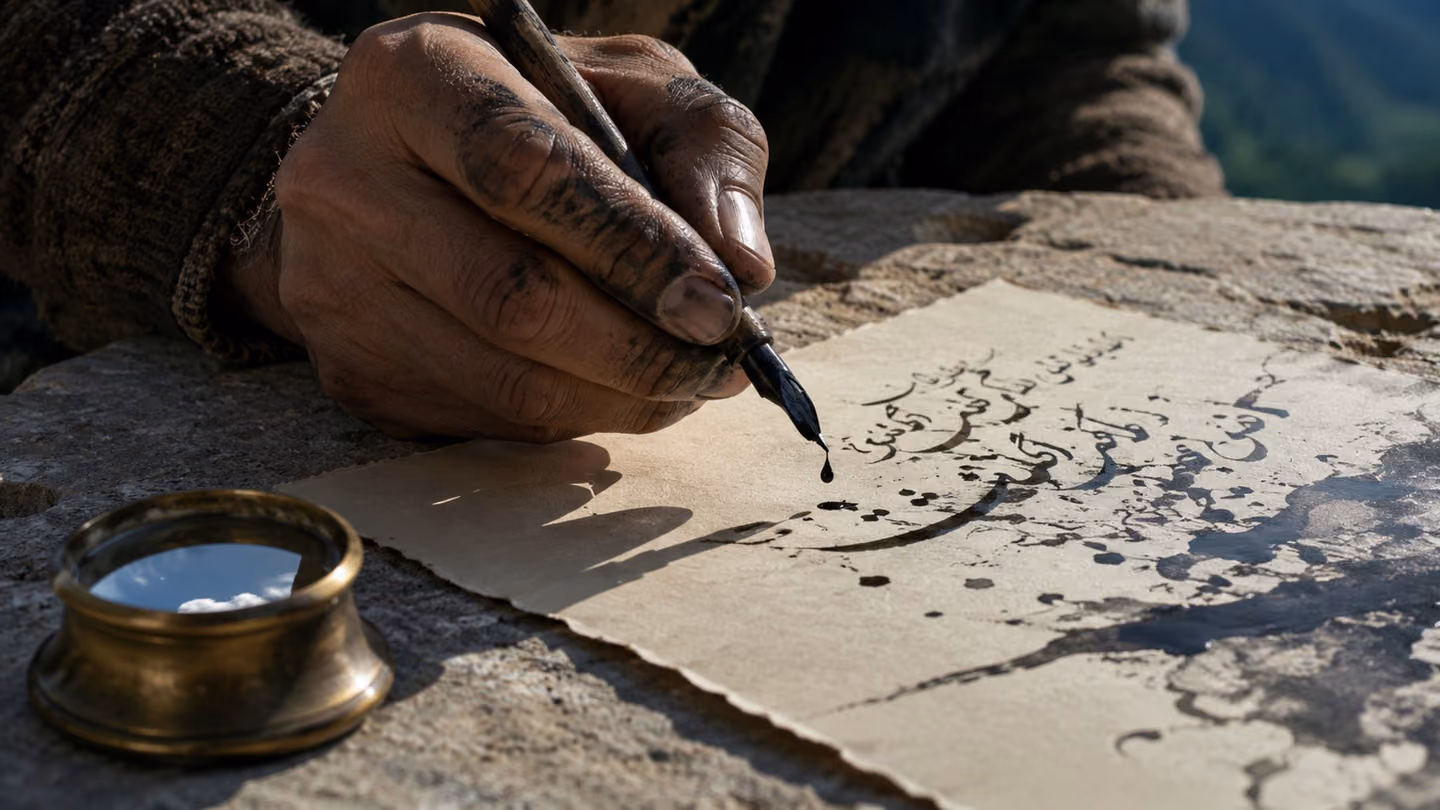 Extreme close on the poet-lover's ink-stained right hand hovering above a sheet of hand-inked paper on a flat stone surface — the reed pen arrested mid-stroke, a dark droplet suspended at its tip; the paper shows half…
