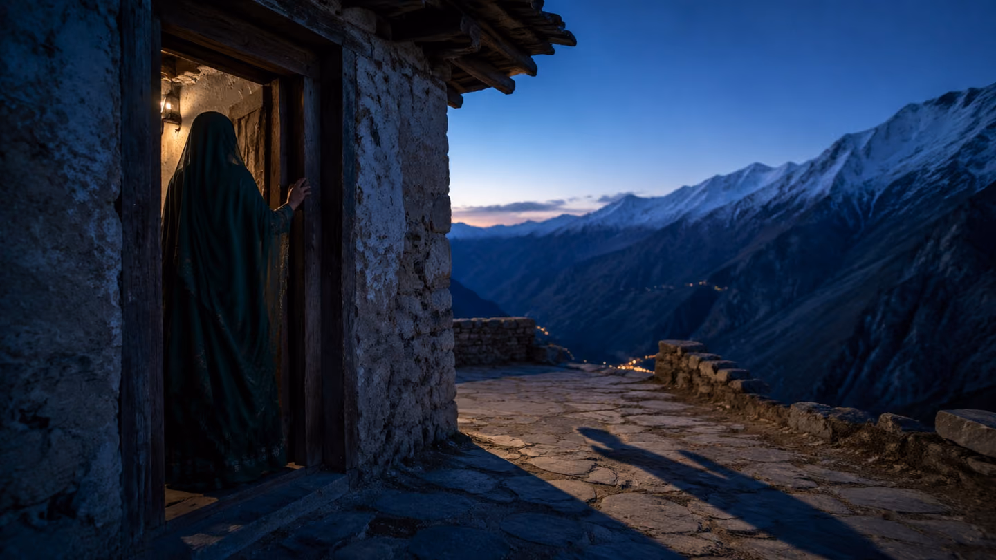 Pre-dawn blue hour, the stone doorway of a mountain dwelling cut into the cliff face — worn limestone jambs, aged plaster above, a tiny brass oil lamp throwing amber warmth inside; the silhouette of the beloved (teal-…