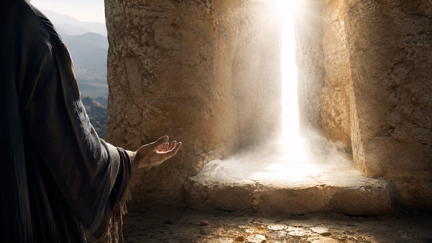 Blazing high-noon white light pours through a narrow vertical crack in a pale cliff face and falls in a column of pure radiance onto a flat stone seat — the beloved's place, now empty; the rock around the crack is war…