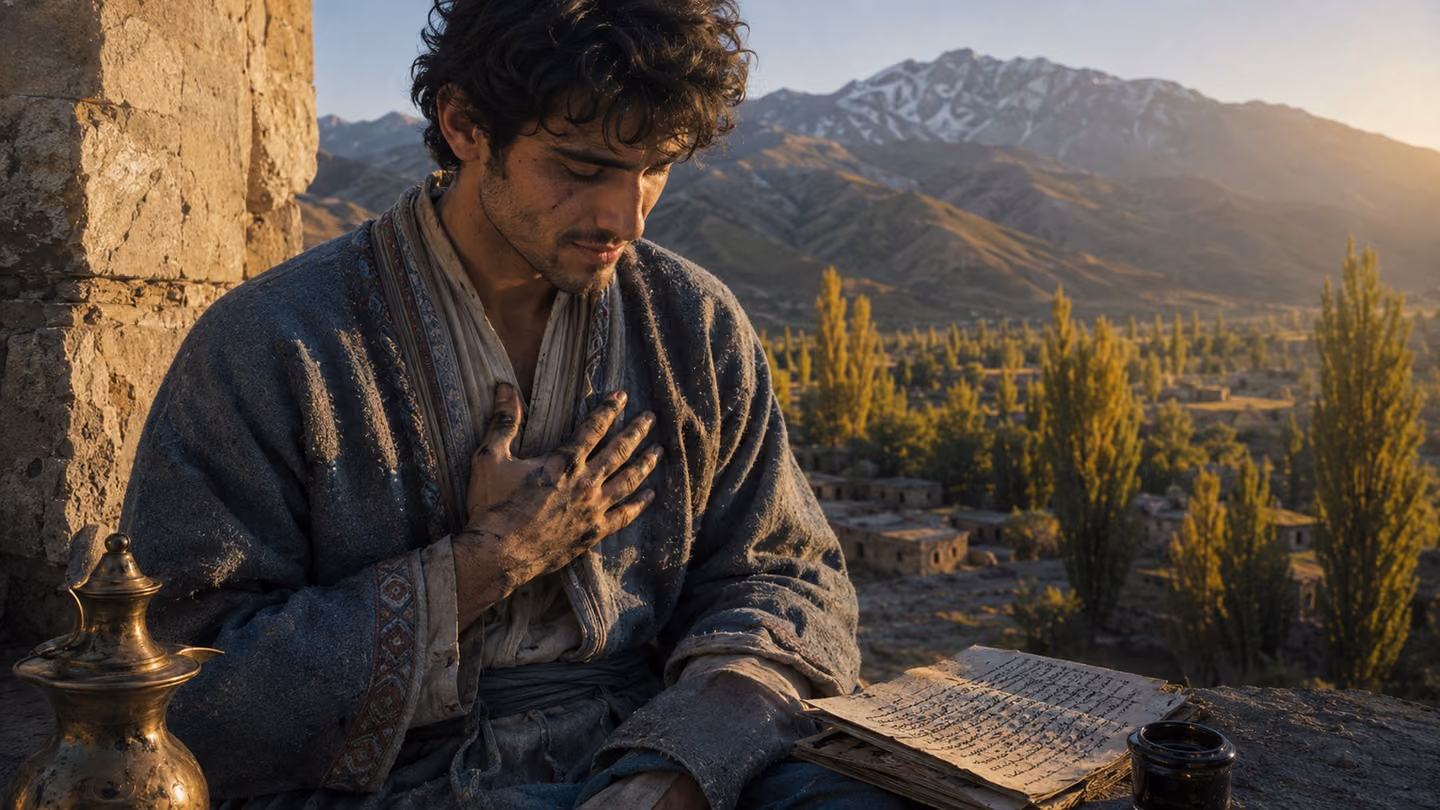 The poet-lover's ink-stained right hand cradling his own chest over the grey-blue robe, his face turned slightly downward with an expression of quiet, almost tender pain — but his lips carry the faintest curve of acce…