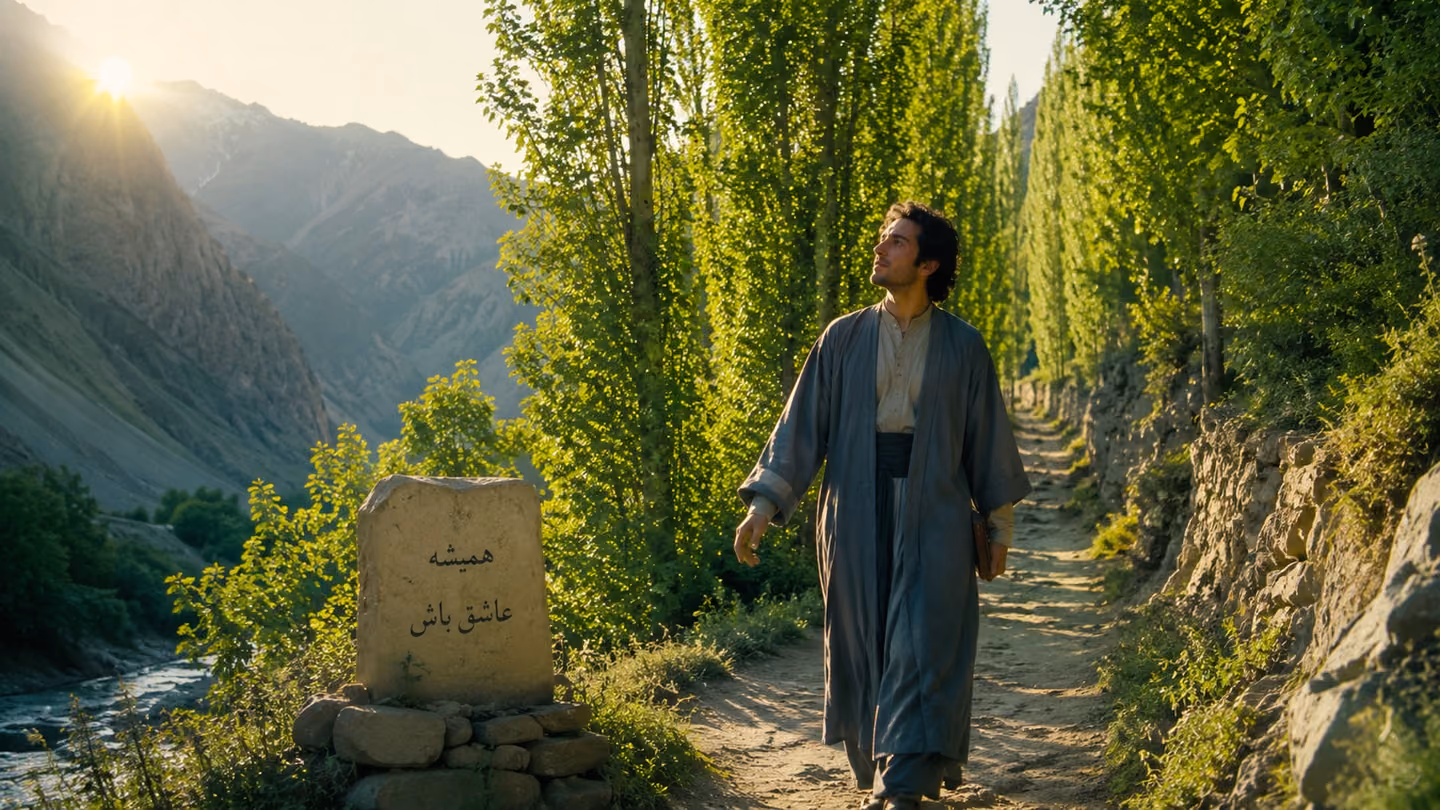 The poet-lover walks a narrow cliff path lined with tall poplars at late-afternoon golden light — but the dominant colour is the intense living green of the poplar leaves backlit by the low sun, cool mountain air almo…