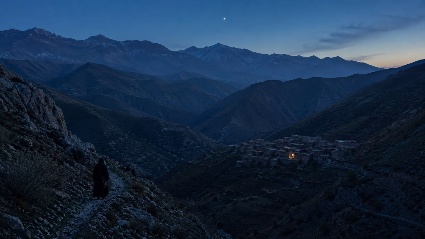 Wide punctuation shot — the entire Alborz valley at blue dusk: ranges of dark green ridgelines descending into shadow, a cold teal sky deepening above, and in the far middle distance a cluster of village rooftops with…