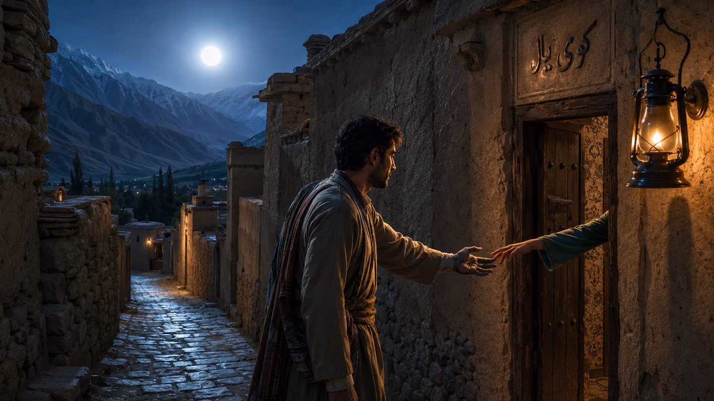 Silver moonrise over the mouth of a narrow stone lane between high mud-brick walls — cool blue-silver light washing the lane's worn cobblestones; a brass oil lantern on the wall throws a warm amber circle against the…