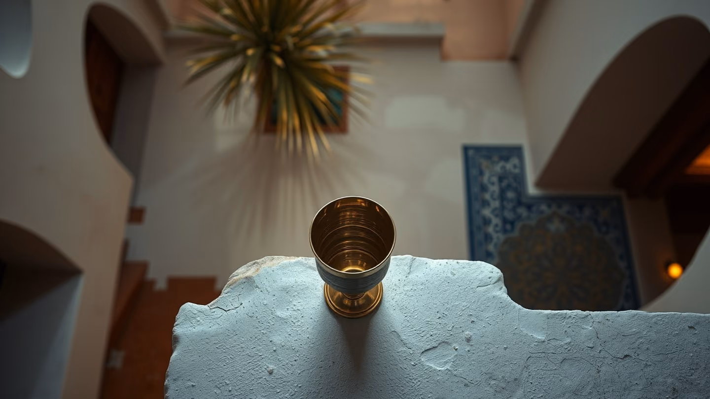 A single antique hammered-brass goblet rests untouched on a lime-washed stone ledge in a Hormuz courtyard, shot from above looking straight down — the cup a perfect circle of warm metal against the cool white plaster,…