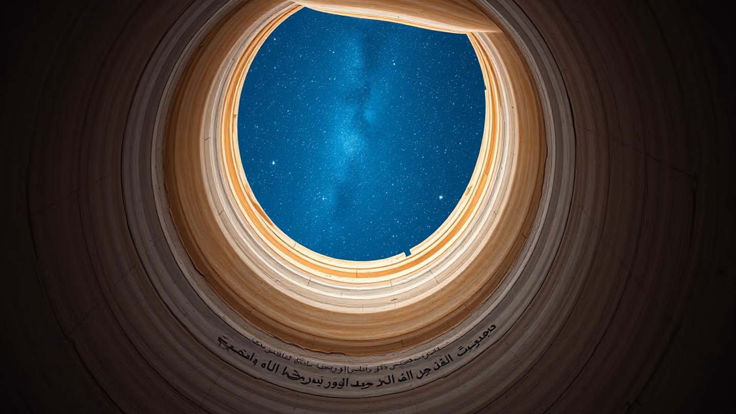 Looking straight up from inside a Hormuz wind-tower shaft, a vertiginous column of aged plaster rises to a square of blazing night sky packed with stars; along the inner plaster walls, a single line of luminous Persia…