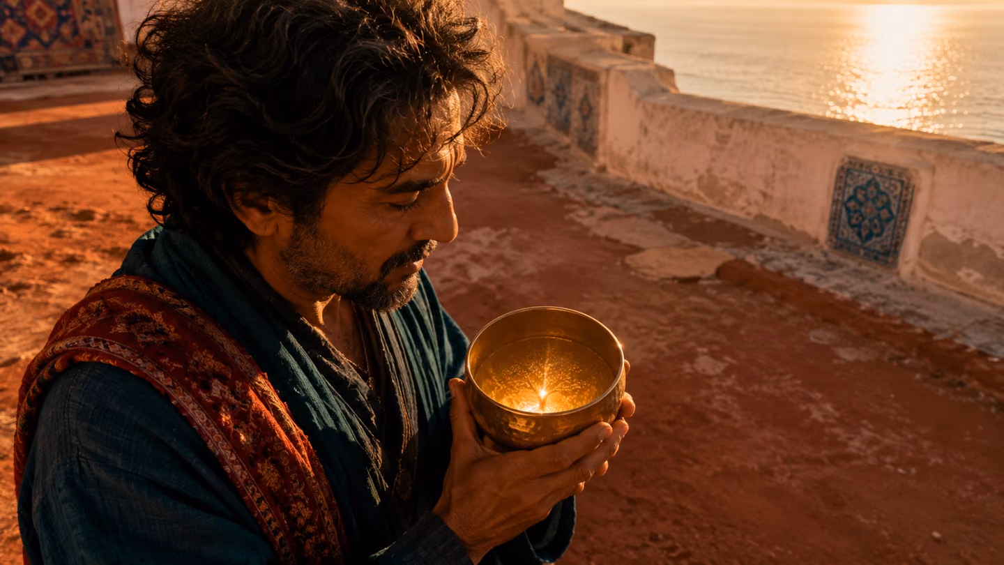 At golden hour, the poet-lover — a man of about 40 in a deep-teal linen robe with coral-and-saffron bandari sash — cradles the antique hammered-brass goblet in both hands at chest height and gazes into it; the shot lo…