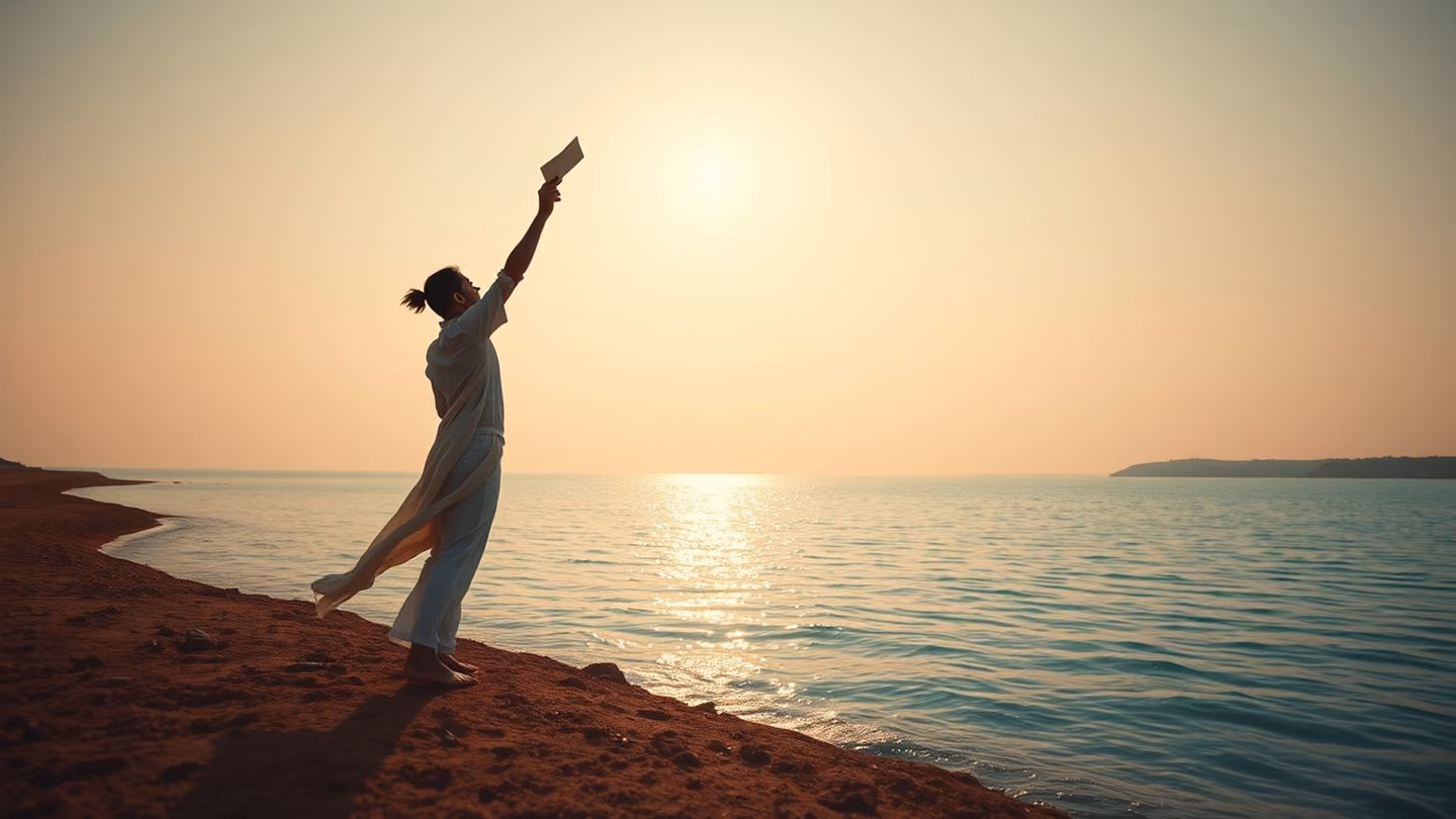 Rose-and-silver dawn breaks over the Gulf of Hormuz, the water a pale turquoise mirror; the poet-lover stands at the edge of the red-soil shore, arm raised high, releasing a small folded paper into the sea-wind — shot…
