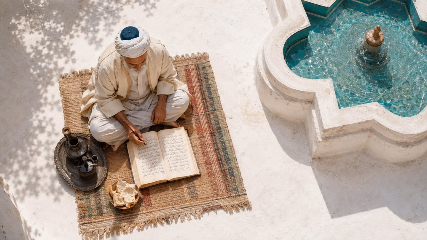 Sharp midday light, a Hormuz courtyard filmed from directly above looking down: the elder poet-lover sits cross-legged on a woven-wool mat, a piece of torn bread beside an open ink-stained book of Persian verse, his p…