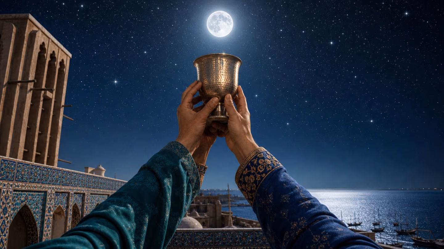The same antique hammered-brass goblet from the opening, now raised by two pairs of hands — the poet-lover's teal-sleeved arm and the minstrel's indigo-trimmed arm together — held up against the blazing full-moon nigh…