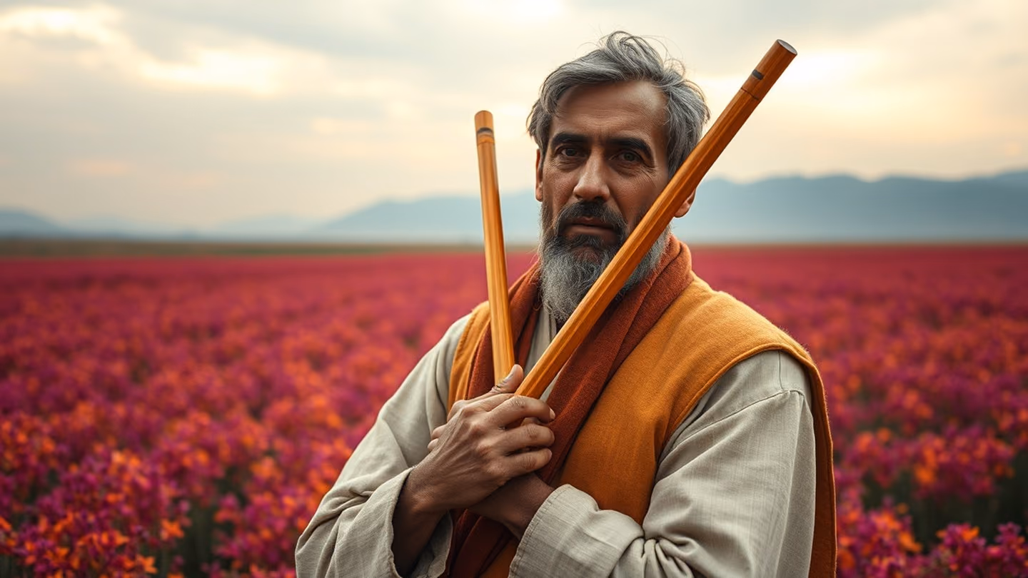Centered frontal wide: A lean Khorasani ney player of about fifty, warm olive skin, silver-streaked dark hair and a short trimmed beard, calm luminous eyes; a plain undyed cream linen tunic under an ochre felt waistco…