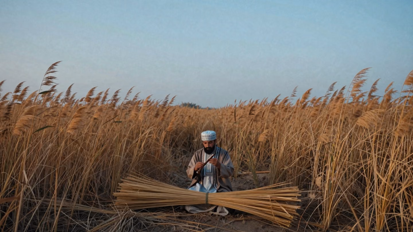 A vast Khorasan reed-marsh of tall honey-gold reeds bending in the wind at cool blue dawn, a bundle freshly cut and bound — the very reeds that become neys; the ney player kneeling small at the marsh edge choosing one…