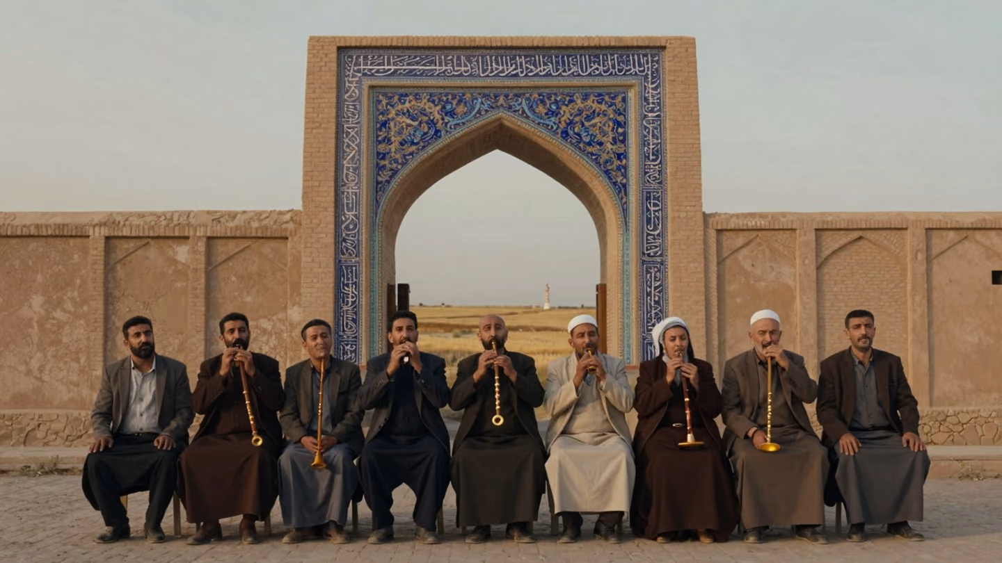 A frontal symmetrical row of Iranian villagers in modest autumn wool, men and women of many ages, faces lifted and moved to tears as they listen to the reed's wail; soft luminous overcast copper light on their skin; b…